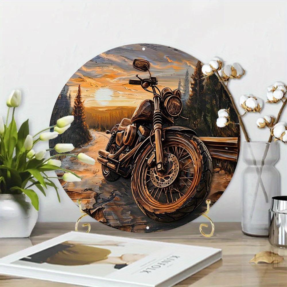 Round Sign Faux Wooden Carved Painted Circular Wreath Sign Entrance Decoration Men Gifts Motorcycle Themed Decoration for Church Front Door Wall