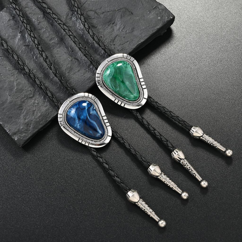 Men's Vintage Irregular Colored Stone Bolo Tie Cowboy Costume Accessory Western Faux Leather Cord Necktie Necklace Chain