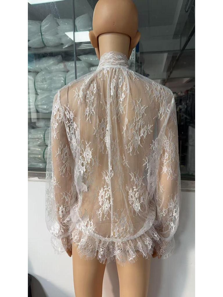 Frühlingshafter Euro-Amerikanischer Stylischer Durchsichtiger Spitzen-Langarmtop