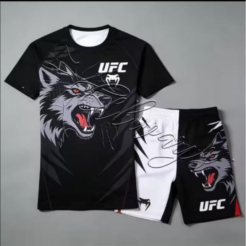 Atmungsaktives MMA Trainingsset für Herren 3D Digitaldruck Kurzarm-T-Shirt Shorts Sportbekleidung