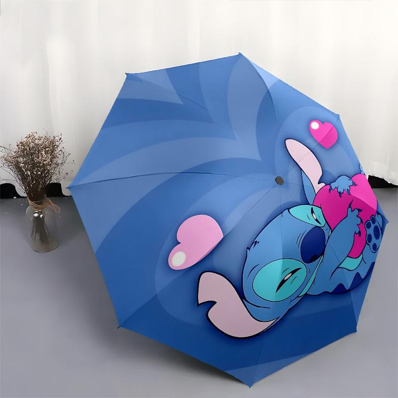 Stitch, Hartjes Thema Automatisch Open- en Sluitende Paraplu, Felgekleurde 8-ribs Draagbare Paraplu, Geschikt voor Mannen en Vrouwen, Een Perfect Cadeau voor