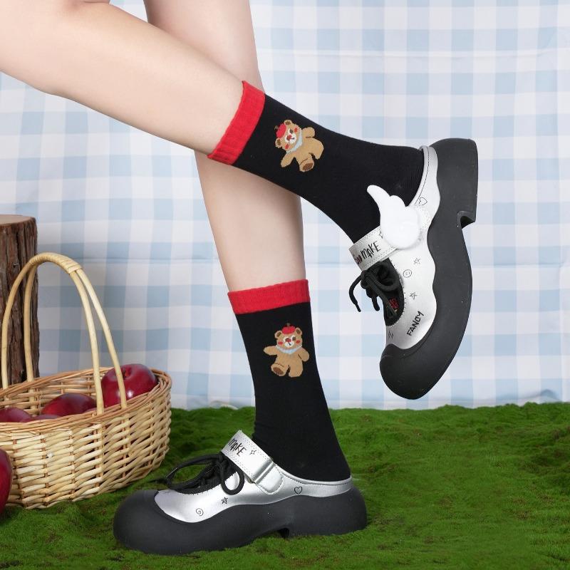 Cute Striped Apple Teddy Bear Mid-calf Cotton Socks - Pile-style Winter/spring Children's Cartoon Sports Socks