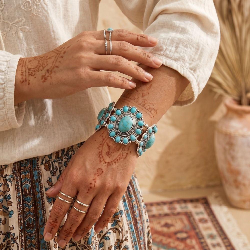 Geometric Bohemian Bangles C-shaped Wide Elastic Bangle Creative Turquoise Bracelet Decoration