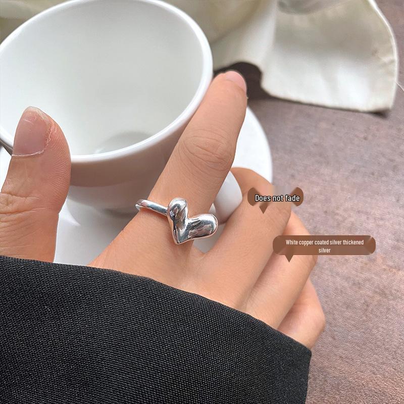 Lan Zhi Women's 925 Silver Three-Dimensional Heart Ring - Fashionable, Non-Fading, Adjustable.