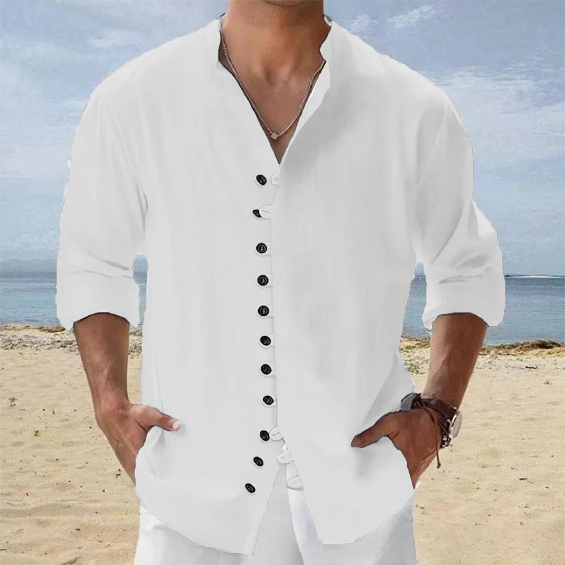 

Рубашка с длинным рукавом для мужчин из хлопка и льна, с вырезом хенли, на одной пуговице, стильная, модная, на пуговицах, повседневная, для мужчин, на каждый день XXXL белый