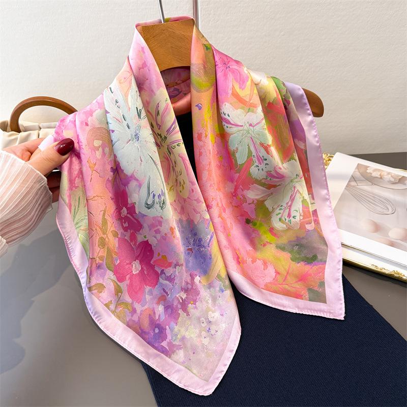 Pastoral Floral Print Square Scarf Imitation Silk Shawl Sun Protection High-end Neck Tie Small Square Scarf Headscarf Women's