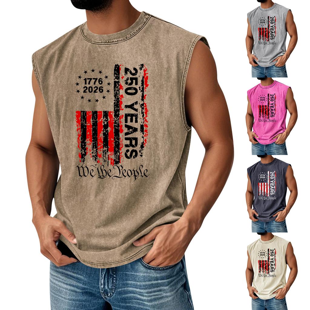 Men's Printed Round Neck Distressed Top Casual Comfort Vest