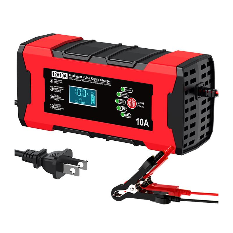 

12 В 10 А автомобильное зарядное устройство для аккумулятора с сенсорным экраном, импульсный ремонт цифрового ЖК-дисплея, умное быстрое зарядное устройство для автомобиля, мотоцикла US Plug красный