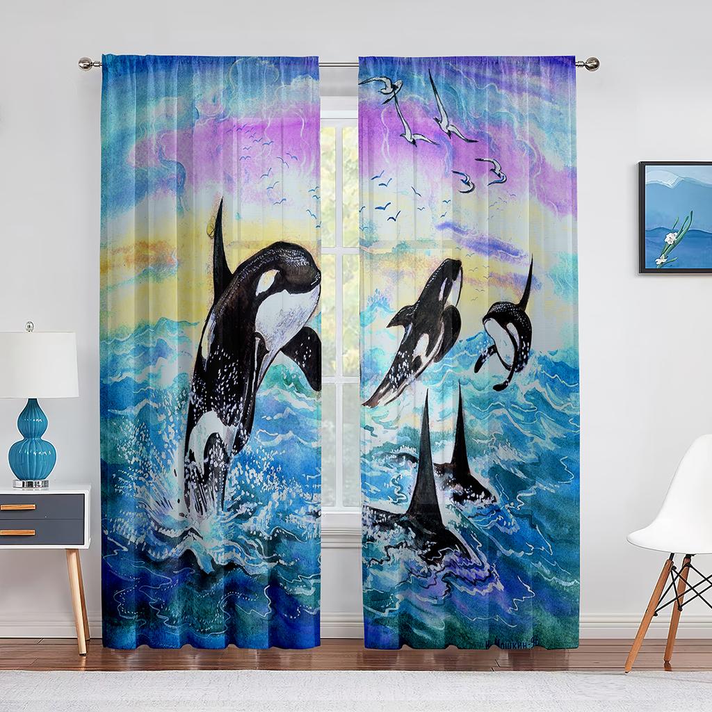 Cartoon Ocean Animal Sheer Voile Curtain Dolphin Sea Lion Whale Window Tulle Curtains for Living Room Kids Bedroom Kitchen Decor