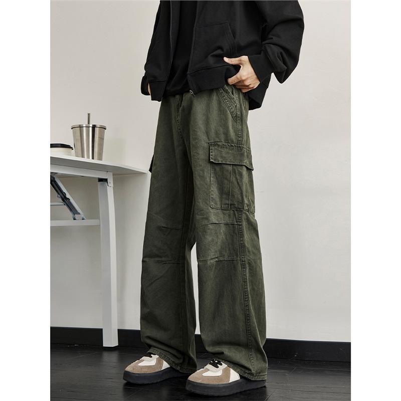 American retro washed and old overalls men's spring and autumn tide niche loose straight wide-leg pants pocket paratrooper pants