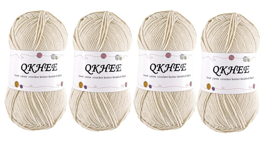 QKHEE Cotton Medium Weight Yarn, Set of 4 Solid Colors, Approx. 100g/200m, for Crocheting, Knitting, and Plush Toys (Beige)