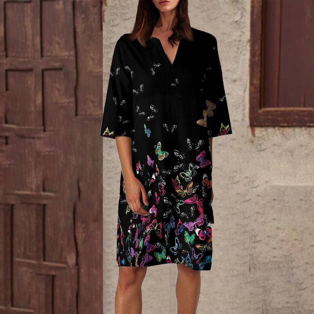 Women's Summer Retro Floral Print V-Neck Half Sleeve Dress Lightweight Breathable Dress