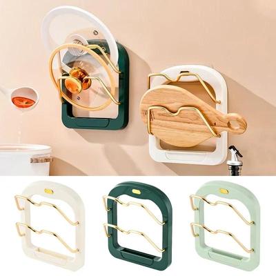 Kitchen Wall Mounted Pot Lid Storage Rack Double Layer PunchFree Lid Holder Saving Space Kitchen Wall Shelf with Drain Tray Tool