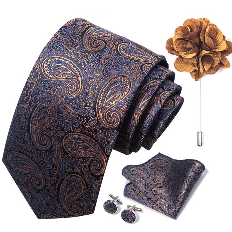 Men 8cm Wide Silk Wed Neck Tie Cufflinks Brooch Pin Handkerchief Business Wedding Party Suits Groom Accessories Gift