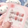 24Pcs Pink French Leopard Hello Kitty False Nails 3D Y2k Star Heart Kitty Cat Rhinestones Press On Nails Cute Cartoon Fake Nails