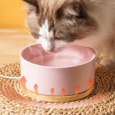 350ml Isıtmalı Kedi Mama Kabı Termal Evcil Hayvan Su Kabı Ahşap Tabanlı Isıtmalı Elektrikli Seramik Mama Kabı Termostatik Kontrollü Köpekler Kediler Tavşanlar İçin