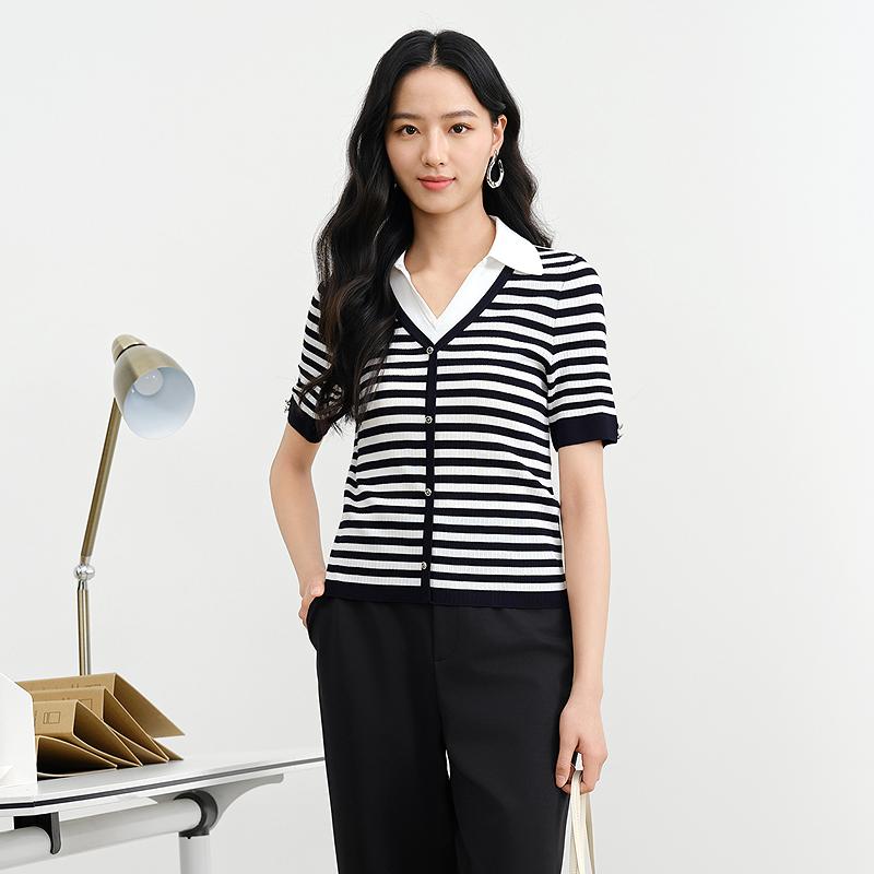 JUZUI fake two-piece V-neck striped knitted sweater summer new JWFX31206