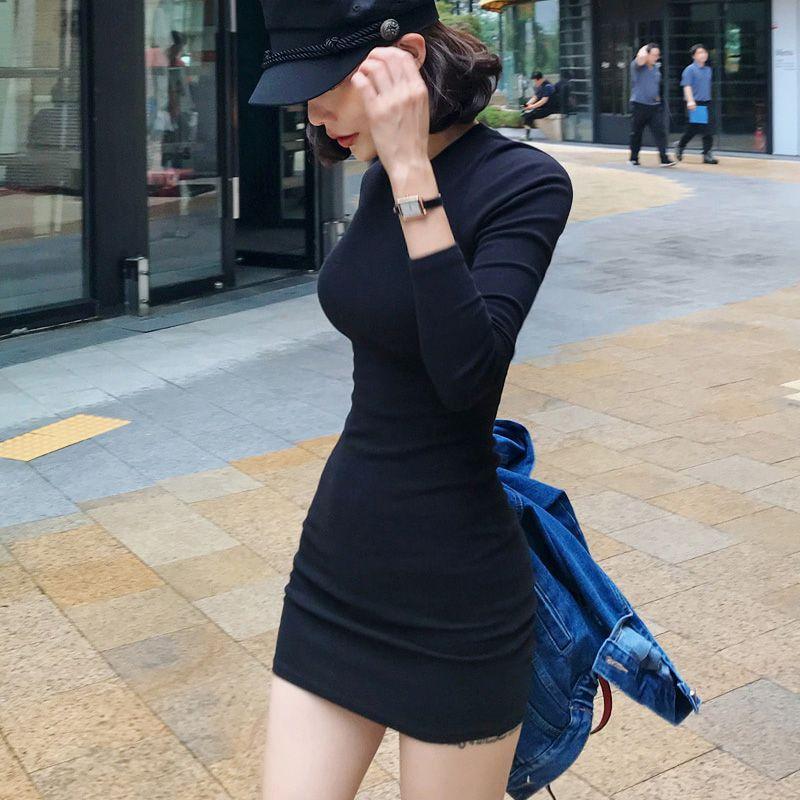 Fashion Pure Desire Style Sexy Black Long-sleeved Dress Women's Spring Design Sense Slim and Thin Inner Hip Skirt
