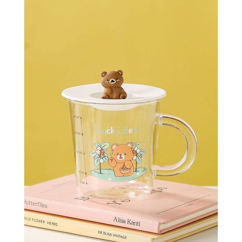 Cute Little Bear High Borosilicate Glass Cup High Appearance Level  Covered Office Drinking Cup  Graduated Milk Cup  Coffee Cup 400ml