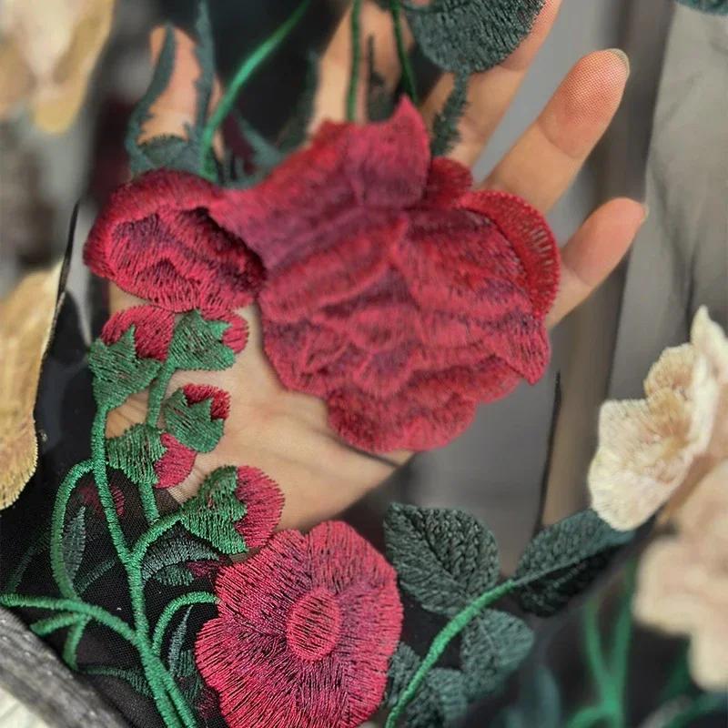 1x1.2m Rose Flowers Embroidery Tulle Mesh Fabric 3D Flower Embroidered Lace Fabric DIY Wedding Dress (it\'s Fabric NOT Dress!!)