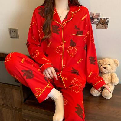 Frühling und Herbst Neue Damen Rote Pyjamas Loungewear Set Teenager Pyjamas Langarm Frischvermählte Festliche Pyjamas Loungewear Set