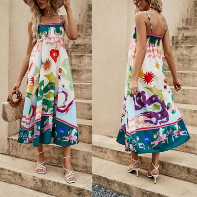 Casual Spaghetti Strap Long Dresses Women's Floral Printed Cotton Linen Sleeveless Large Swing Dress