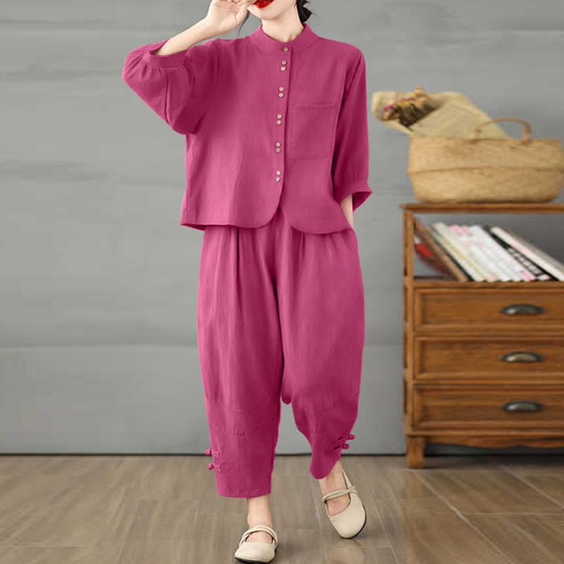 ZANZEA Women 3/4 Sleeve Blouse and Harem Pants Casual Two Piece Suit Sets