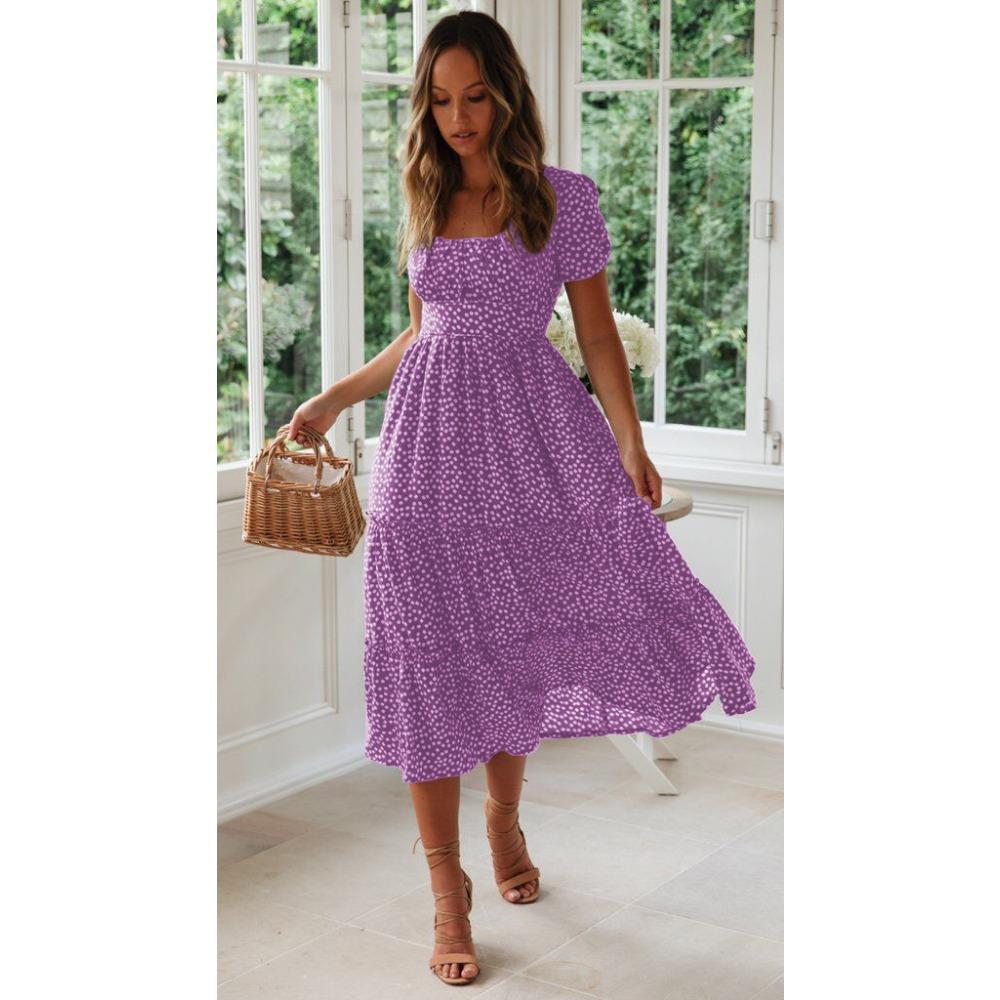 

GMXIA Платье с квадратным воротником, рукавами-фонариками и цветочным принтом, длинная юбка M фиолетовый