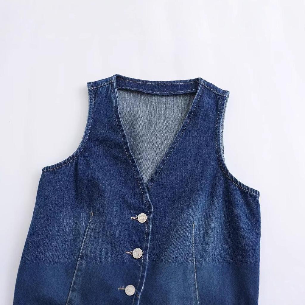 2024 Winter Women's European & American Style Fashionable Casual Denim V-Neck Sleeveless Vest