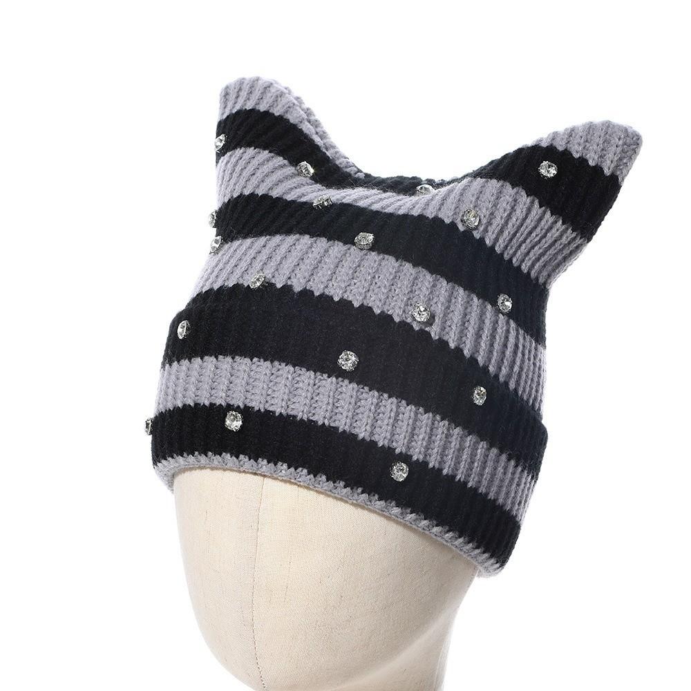 Yarn Cat Ear Beanie Stretchable Knit Striped Hat Gifts Knitted Beanie Hat Spring Autumn Winter