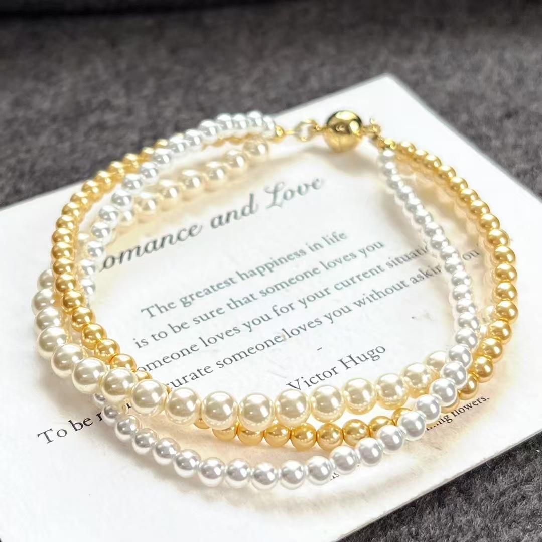 Retro Strong Light Round High Quality Artificial Crystal Pearl Maillard Multi-Layer Design Bracelet Bracelet