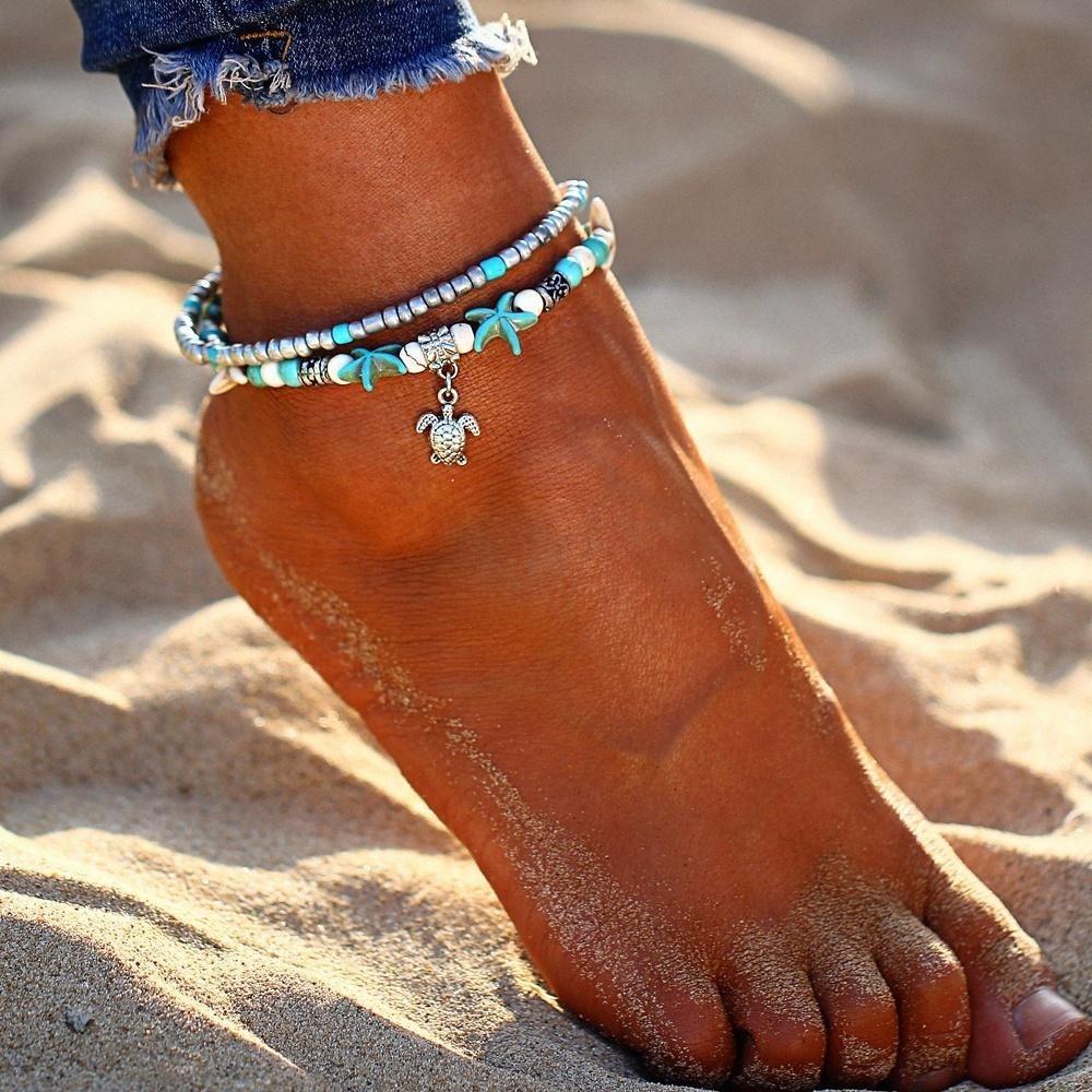 New Ankle Chain, Shell, Small Starfish, Turtle, Rice Bead, Irregular Turquoise Bead, Seaside Vacation Style Foot Accessory