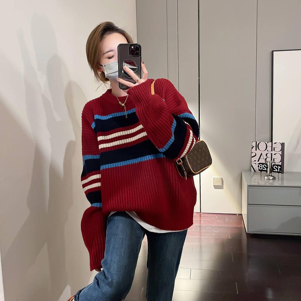 Damen Rot Gestreifter Strickpullover Top Herbst Winter Locker Weich Colorblock Nischendesign