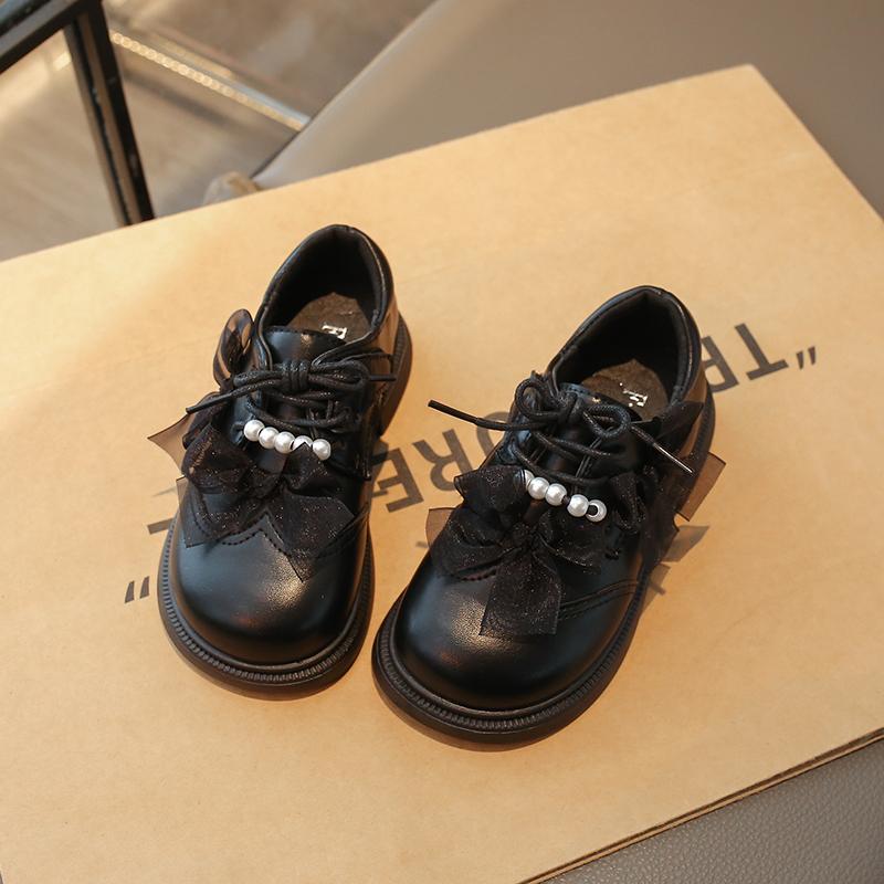 Girls Leather Shoes Round Toes Soft Sole Kids Princess Shoes Mesh Lace Bow 2025 New Girls Flats Black Matte Dance Performance