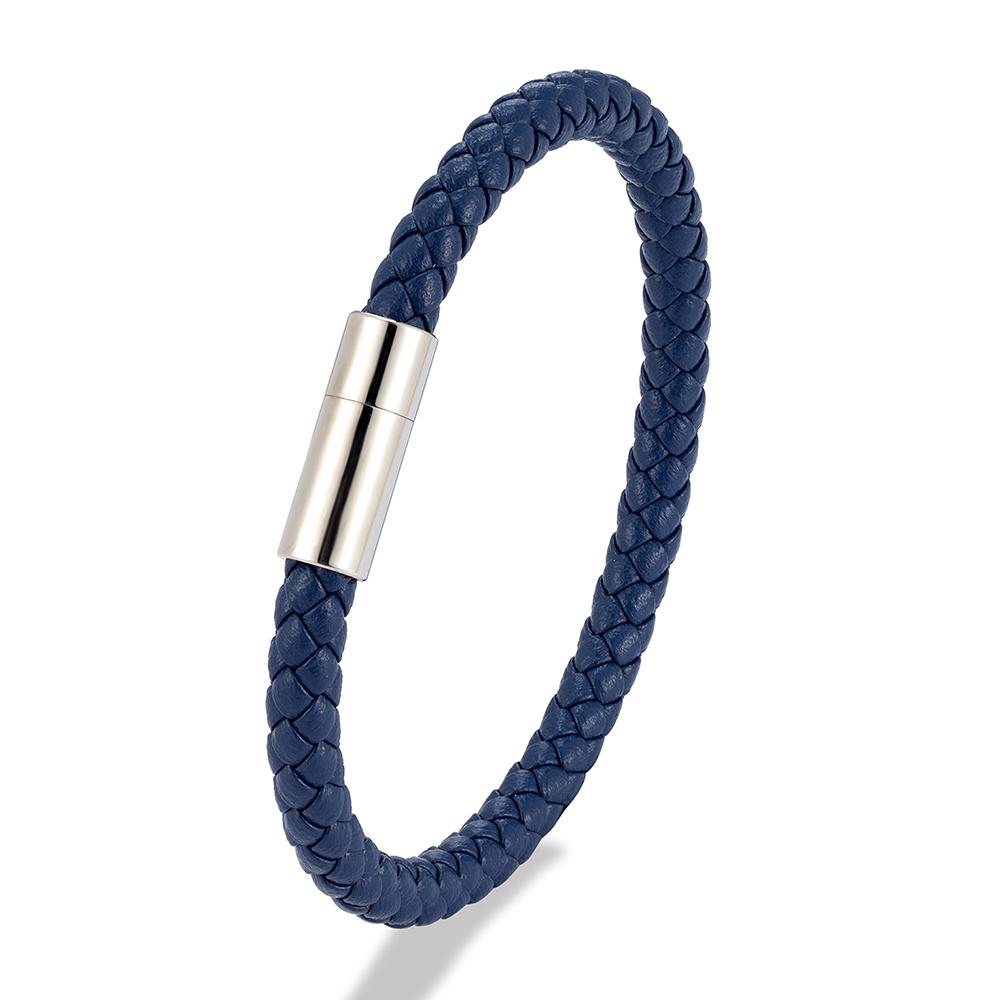 Classic Blue Braided Leather Bracelet Stainless Steel Magnetic Buckle Bangle Simple & Stylish Couple Jewelry Gift for Him