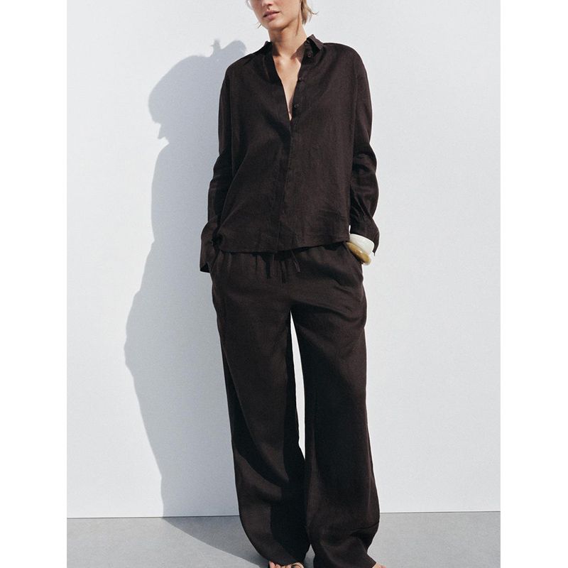 Linen Blend Long Sleeves Lapel Shirt 4786090 Linen Blend Wide Leg Mid Waist Casual Pants 4786091