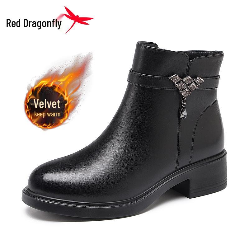 Red Dragonfly Women s Mid-Calf Leather Boots – Genuine Leather, Velvet-Lined, High-Top Winter Boots Size 38