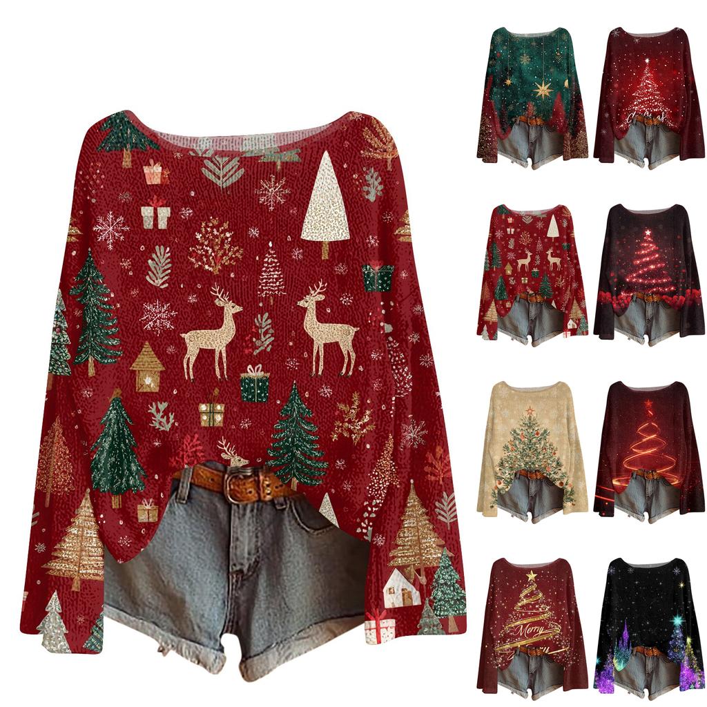 Women's Round Neck Lightweight Sweater Casual Long Sleeve Christmas Print Knit Pullover.