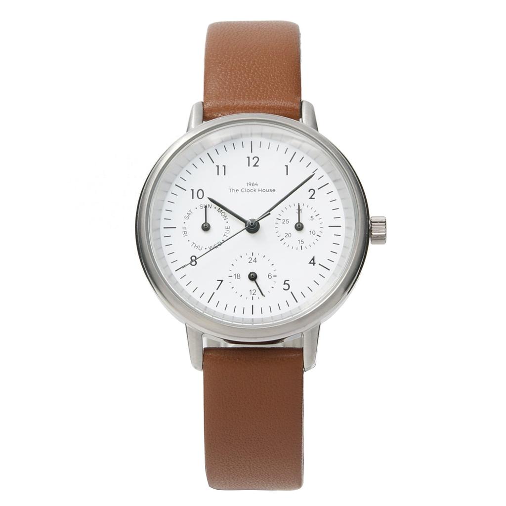 The Clock House Natural Casual Solar Watch with Leather Strap and Brown and White LNC1002-WH2B Women's Multi-Calendar,
