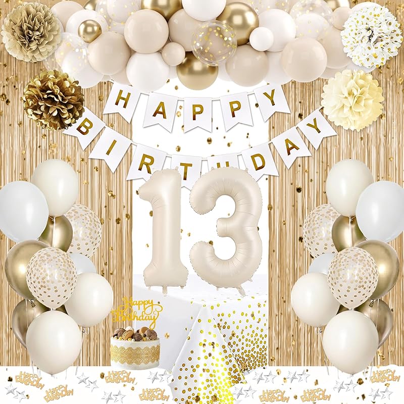 21st Birthday Decorations for Her, Happy 21st Bday Decorations White and Gold Balloons Happy Birthday Banner Tablecloth Fringe Curtain Cake Topper