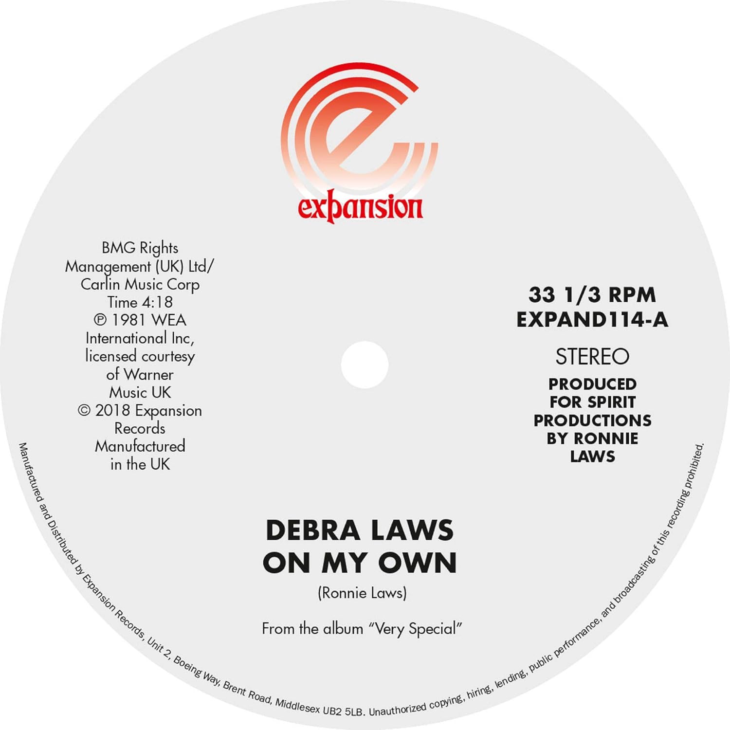 

12inch Record DEBRA LAWS - On My Own / Very Special EXPAND114 Expansion 2018 UK Jazz