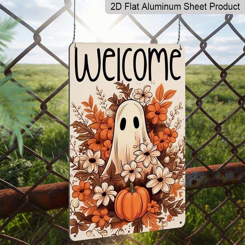 2D Flat Welcome Cute Ghost Floral Pumpkin Autumn Metal Sign - 8.0x12.0inch Aluminum Wall Art, Vintage Neutral Floral Halloween Front Porch Decor