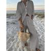 Silver Gray Solid Color Casual Long-sleeved Trousers Suit for Women, Simple Holiday Style Shirt, Wide-leg Pants Two-piece Set