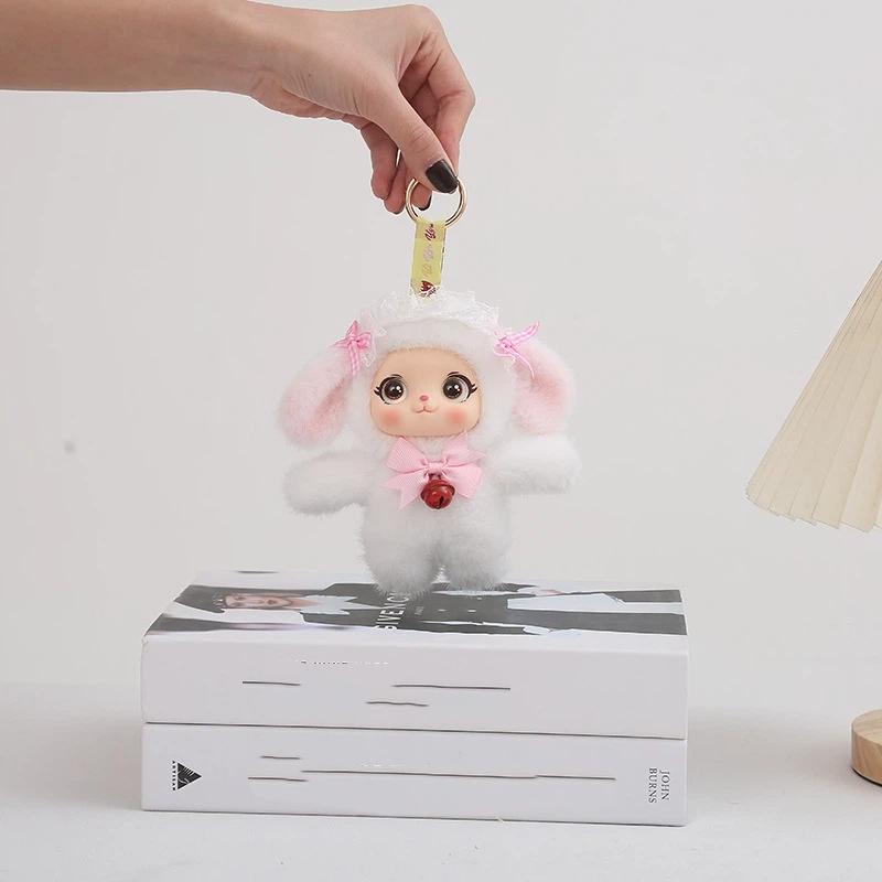 Cute Fluffy Plush Rabbit Pendant Soft Lace Bow Bell Decor Bag Keychain for Girls Birthday Gift Backpack Accessory