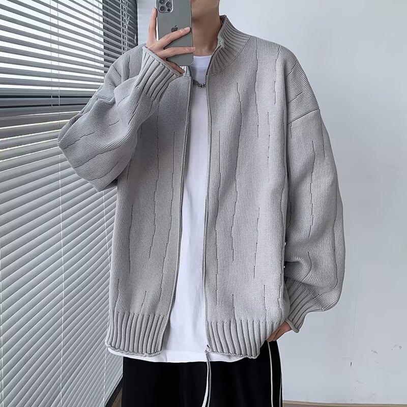 Men's Loose Fit Japanese Style Stand Collar Zipper Cardigan Sweater - Autumn & Winter Woolen Knitwear for Couples
