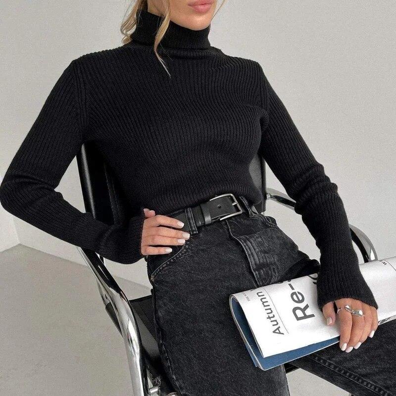 Осень-зима вязаные водолазки женские повседневные вязаные топы с длинными рукавами джемпер простой пуловер свитер 29689 One Size чёрный