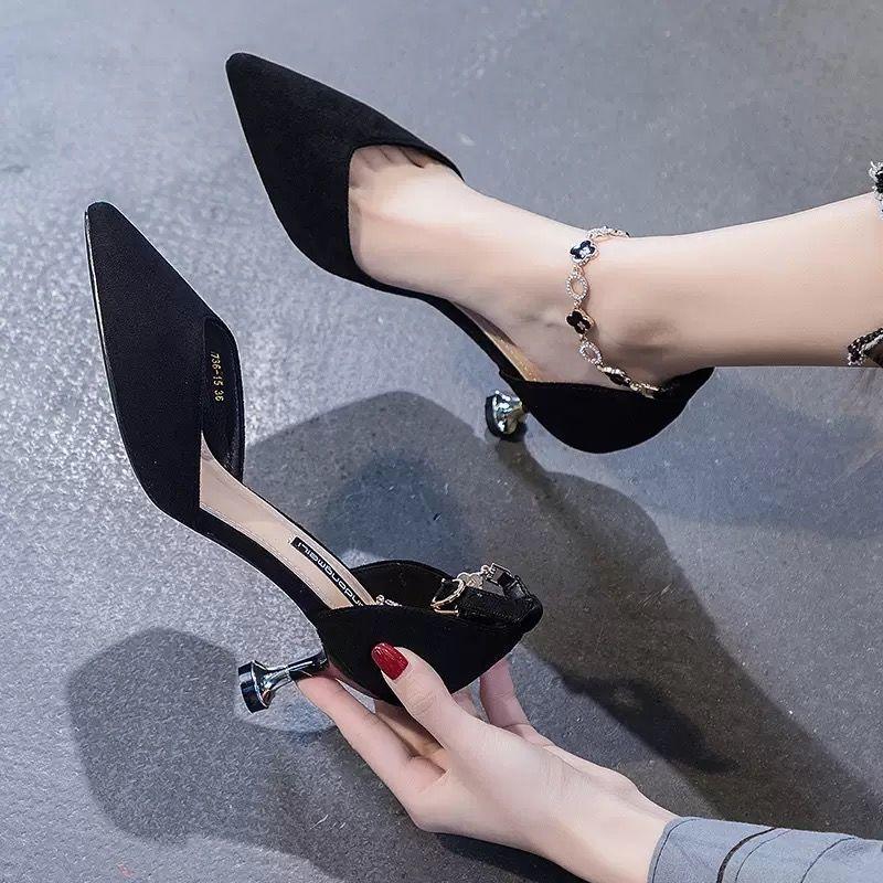 Nude 5cm High Heels Women's Thin Heels Spring and Autumn New Middle Heel One-word Buckle Hollow Sandals Low Heel Single Shoes Women