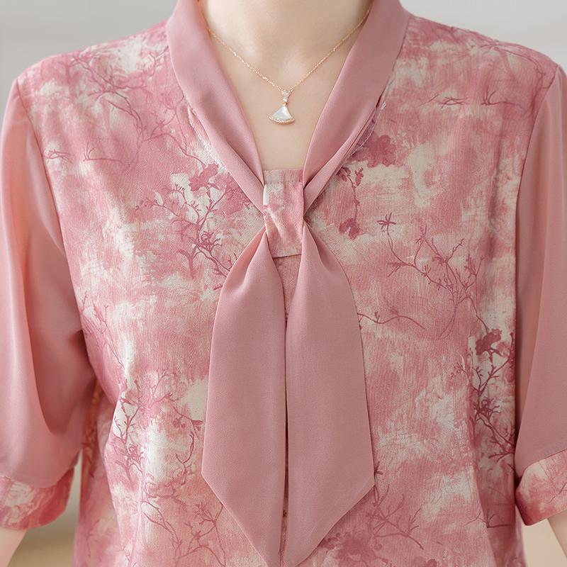 Plus Loose Blouse Tie T-shirt Tops Middle-aged Mom Summer Shirt Casual Forest Style Cool Plus Size Temperament Clothing