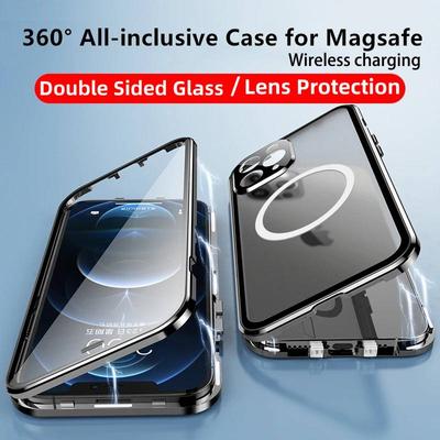 Vidro temperado magnético dupla face para Apple iPhone 15 Pro Max 14 PLus 13 Pro 12 capa Magsafe carregamento sem fio adsorção magnética amortecedor de metal