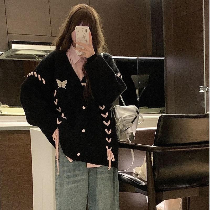 Women Love Cotton Strap Knitted Cardigan Korean Style Fashion Lady Sweaters Autumn Versatile Loose Female Sweater Coat